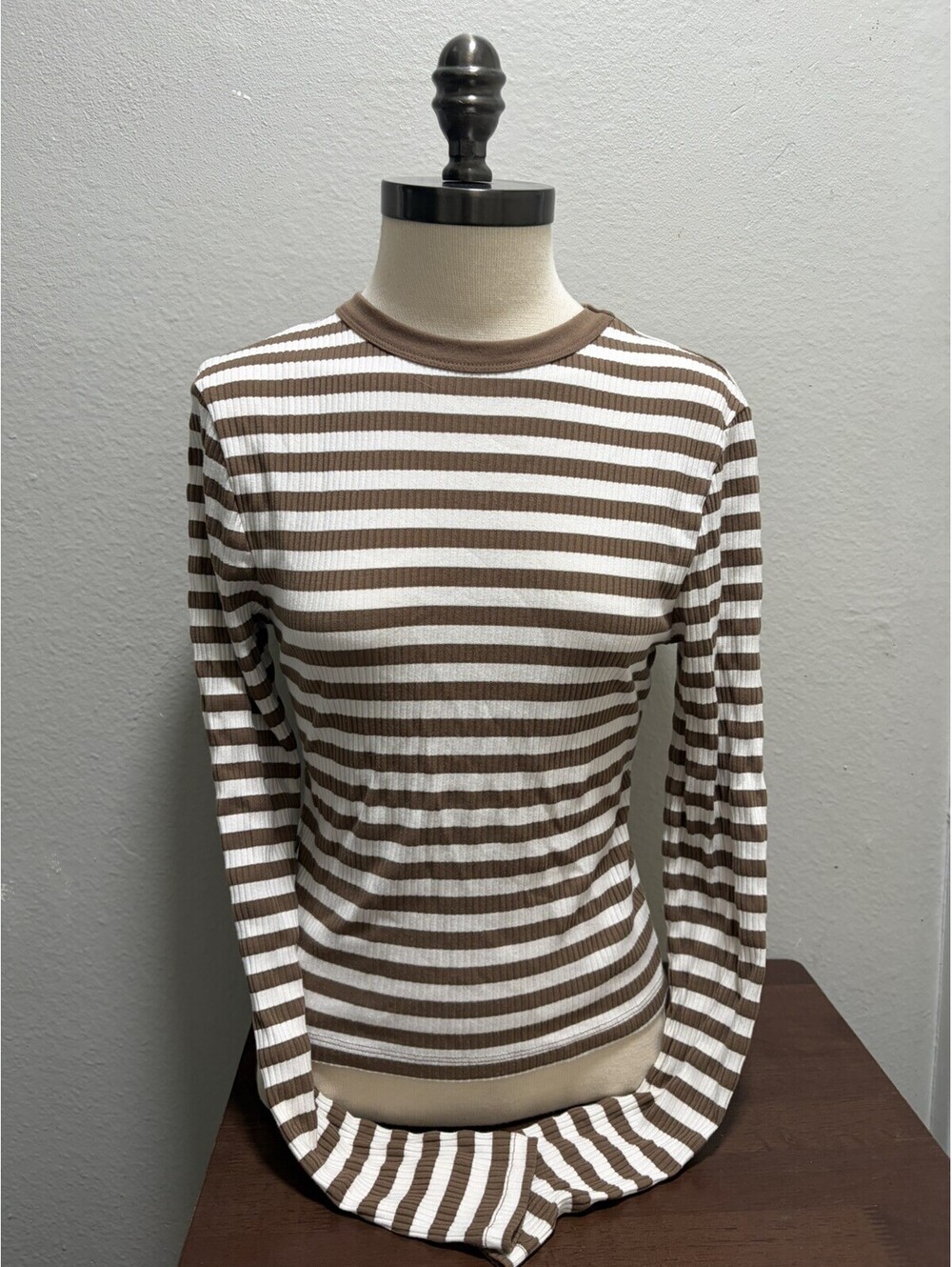 Asos Womens Brown White Striped Ribbed Long Sleeve Top M